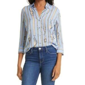 Lagence Camille Belt Print button down shirt blouse blue Tan S